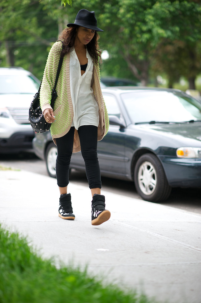 High top trainers and neon sweater