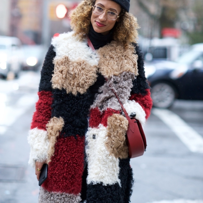 Elaine Welteroth wearing a patchwork fur coat